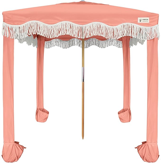 AMMSUN Beach Cabana with Fringe 6.5' x 6.5' Boho Beach Canopy with Tassels Easy Set up &amp Premium Wood Pole Cabana Tent with Sand Pockets Instant Sun Shade for Sand Garden Patio Coral Pink