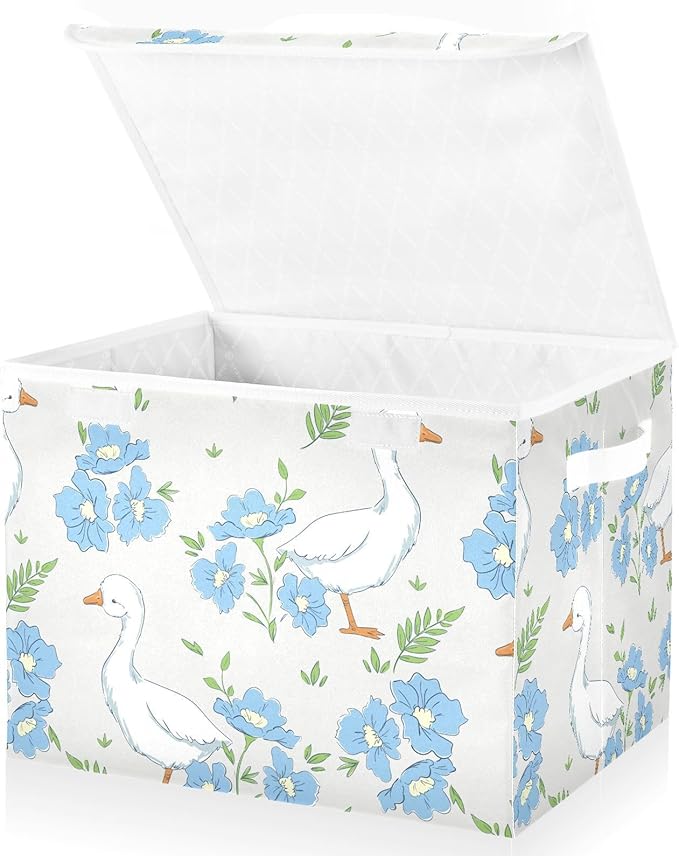 susiyo Large Foldable Storage Bin with Flip-Top Lid Cute Goose and Flowers Storage Box Collapsible Closet Organizer Containers Boxes Decorative Baskets with Handles for Home Bedroom Living Room Offic