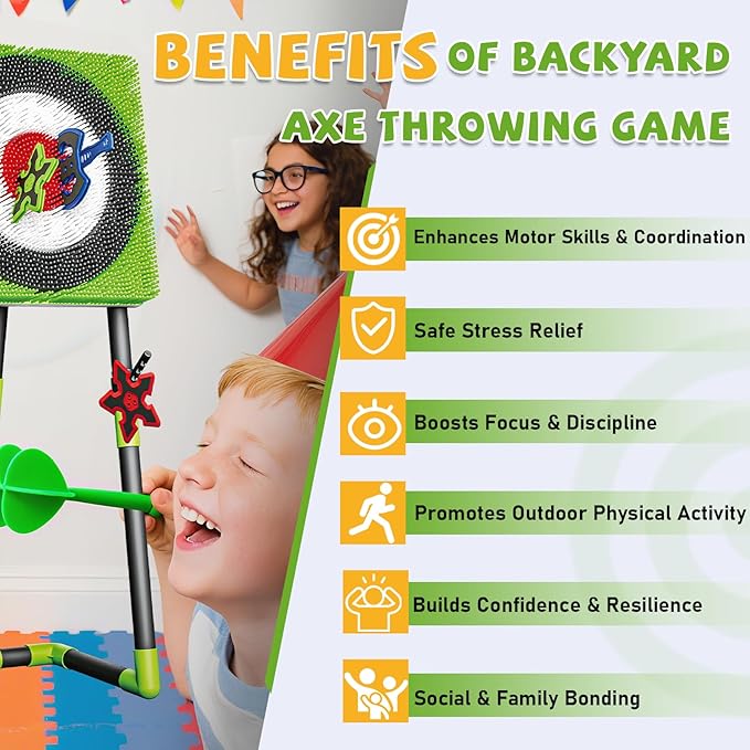 Axe Throwing Game for Backyard - Steel Frame Ax Throw Kit for Kids &amp Adults - Bristle Target with 6 Throwing Axes Set &amp Travel Bag - Outdoor/Indoor for Kids &amp Families Yard Carnival Games