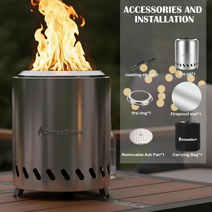 9.7 x 7.1 Inch Tabletop Fire Pit by AmazStove Low Smoke Camping Stove for Outdoor Safe Burning Firepits Fueled Pellets or Wood Travel Bag Included (Silver 9.7 x 7.1 INCH)