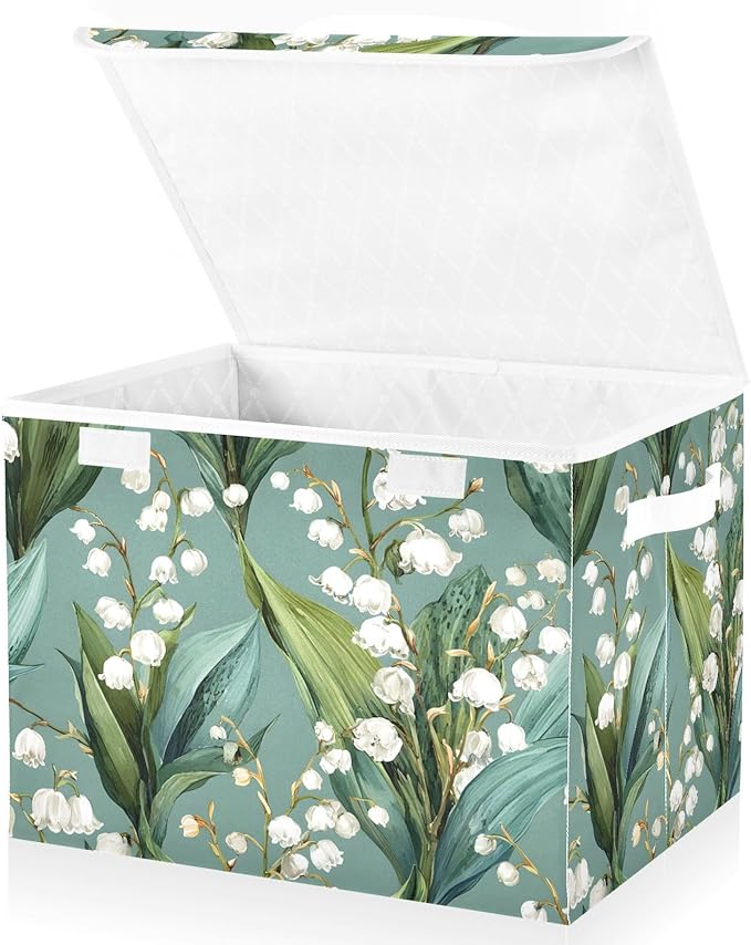 susiyo Large Foldable Storage Bin with Flip-Top Lid Lily Of The Valley Storage Box Collapsible Closet Organizer Containers Boxes Decorative Baskets with Handles for Home Bedroom Living Room Office