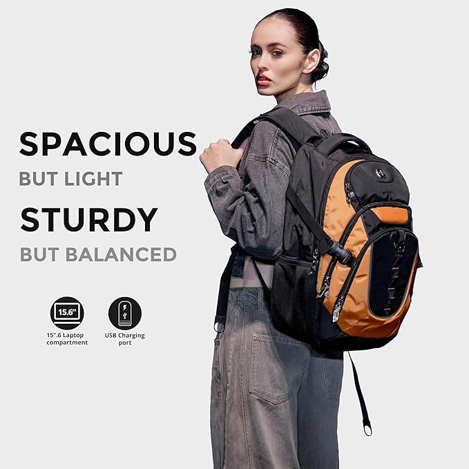 Swissdigital Design Laptop Backpack with USB Charging Port Travel Backpack Fits 15.6 inches Computer 31L College School Backpack for Men Orange/Black | SD803-66
