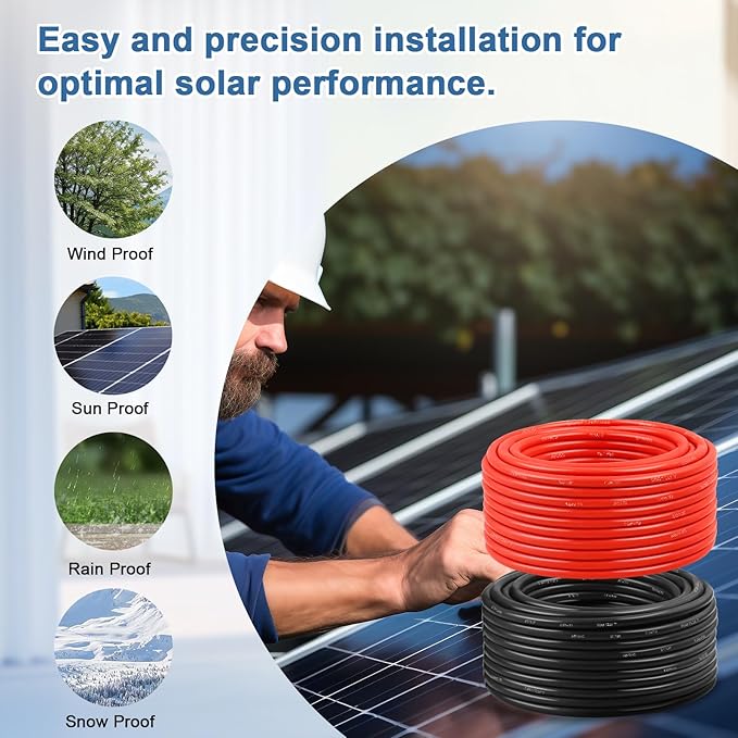 Solar Panel Wire 10 AWG(6mm²) - Solar Extension Cable 100Ft Black &amp 100Ft Red 10 Gauge Tinned Copper PV Wire for Outdoor Automotive RV Solar Panel Boat Marine (Black+Red)