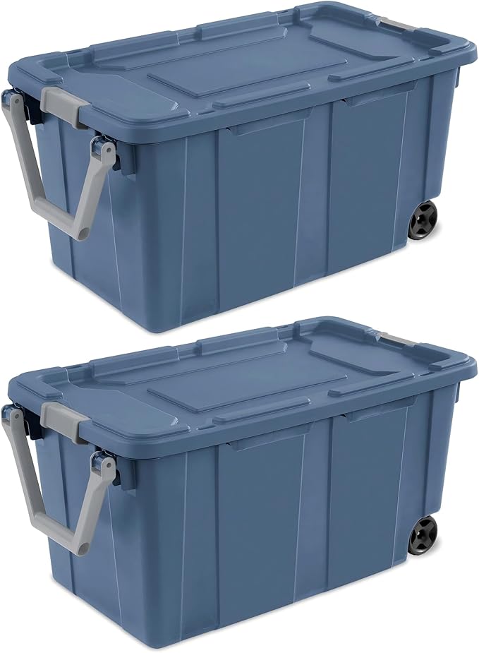 40-gallon wheeled industrial storage bins 2 count rugged plastic latch lid storage totes blue wheeled bulk storage bins
