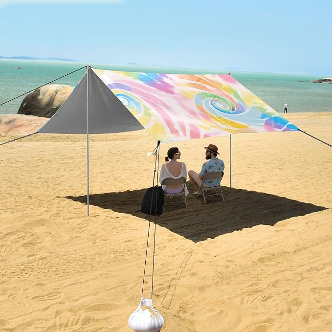 Lightgrey Tie-dye Background Vibrant Colors and Swirling Patterns Tie-dye Pattern Beach Tent UPF50+ Protection Water-Resistant Sun Shelter with Sturdy Poles Sandbags and Shovel for Camping