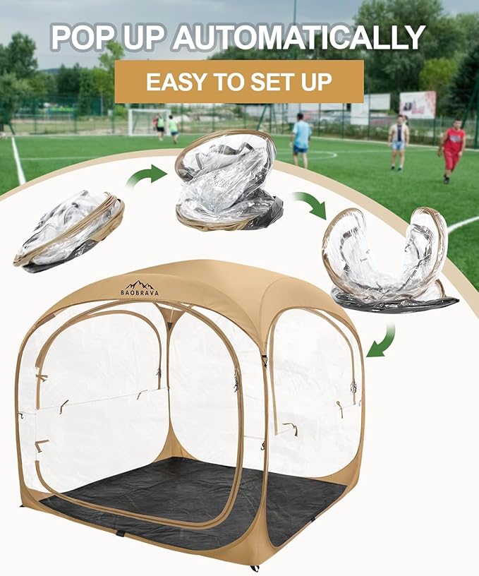Baobrava Pop Up Sports Tent - Thick PVC Scratch-Resistant Bubble Clear Tent Instant Weather Proof Pod with Extra Top Cover for Soccer Football Games Outdoor Events 5-6 Person