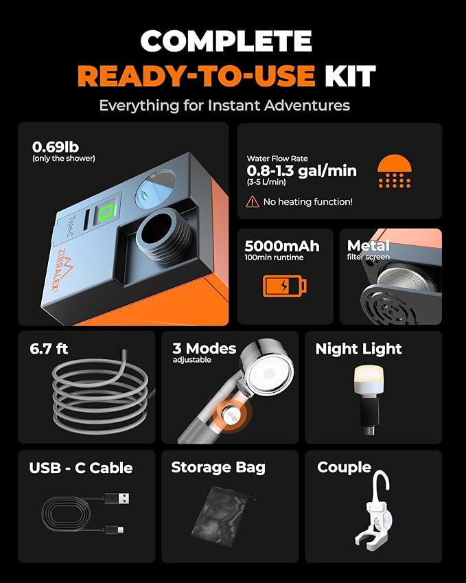 Portable Shower for Camping Compact Outdoor Shower with Temperature Display &amp EPS IPX7 Waterproof with 3-Mode Head Rechargeable Shower Pump for Hiking Beach Pet RV &amp Camp Accessories