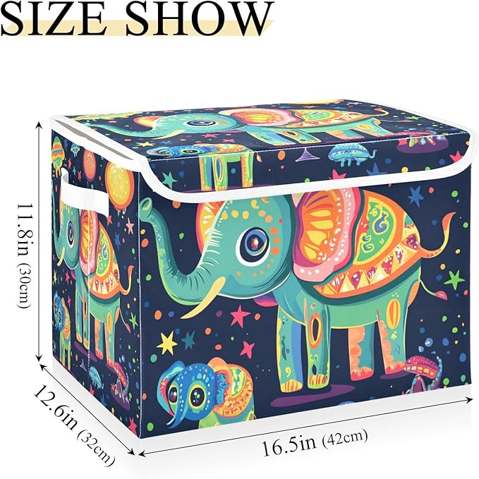 Collapsible Storage Bins with Lids Decorative Fabric Storage Cubes Closet Organizer and Storage Basket Boxes Containers for Clothes Box Chest Nursery Folding Rectangle Elephants Aliens Cartoo