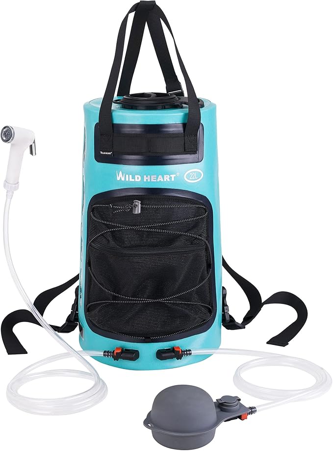WILD HEART Camping Shower 5.8 Gallons/22L Portable Camp Shower Bag with Upgraded Screw Lid Water Level Window Pressure Foot Pump and Handy Nozzle Solar Shower for Beach Camping Hiking Trip