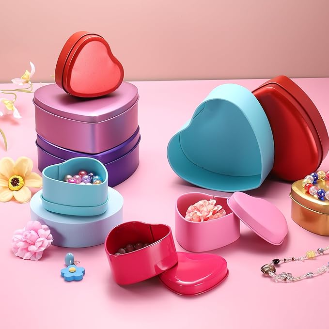 uxcell 6Pcs Heart Shaped Metal Tins Box Empty Candy Jars with Lids Favors Storage Containers for Valentine's Day Candles Wedding Parties Cookies Gifts Pink (12.5x11.5x4.5cm)