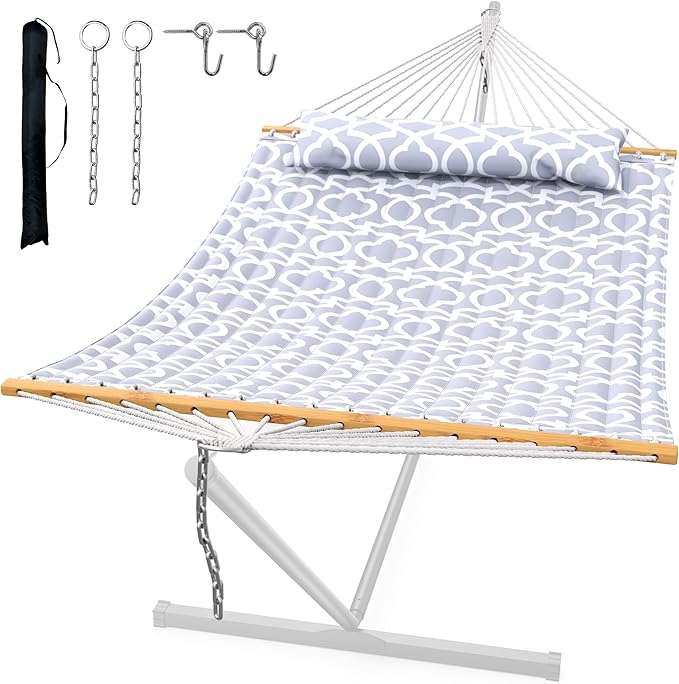 ANAGOO Double Quilted Outdoor Hammock for 2 Adults 500lb Capacity Backyard &amp Camping Hammock with Pillow and Bamboo Spreader Bar Fits 11–15ft Hammock Stands (Stand Not Included)Light Gray