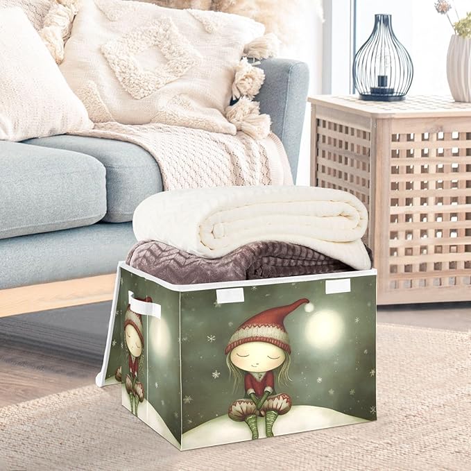 AIXIWAWA Lidded Storage Cube (Cute Fairy Christmas) Fabric Foldable Closet Bins with Flip Lid and Handles Organizer Basket Container 16.5 x 12.6 x 11.8 IN