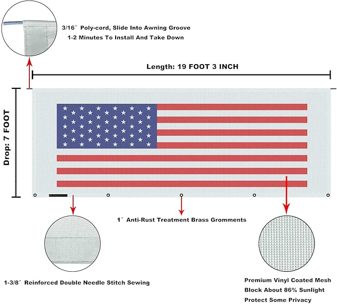 Tentproinc RV Awning Sun Shade Screen 7' X 19' 3'' (American Flag) Gray Mesh Sunshade Camper Trailer Awning Shade Screen UV Blocker Completed Kits