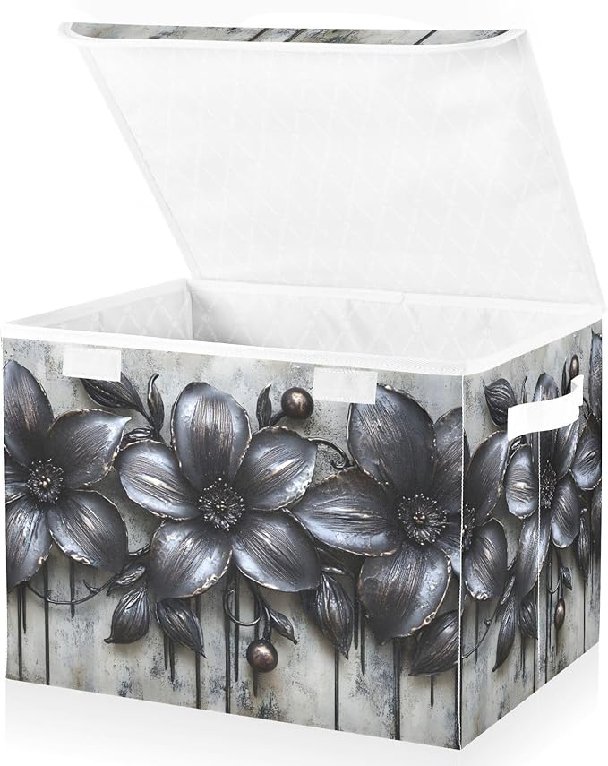 Storage Cube with Lid Elegant Black Flowers Print 16.5×12.6×11.8 IN 1 Pack Collapsible Large Capacity Foldable Storage Basket Bin Organizer
