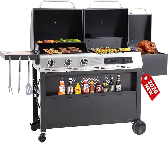 3-Burner Gas and Charcoal Grill Combo with Offset Smoker 30000 BTU Dual Fuel Grill 839 Sq. In. Cooking Area BBQ Grill Ideal for Outdoor Cooking Patio Backyard Balcony