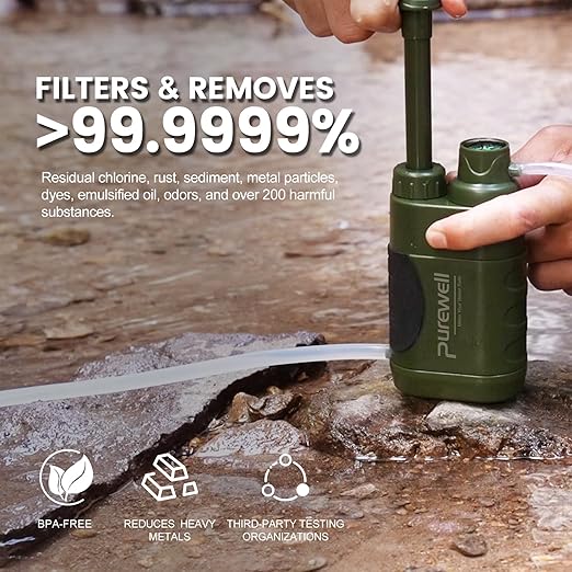 Purewell Water Hand Purifier Pump with Replaceable Carbon 0.01 Micron Water Stages Portable Outdoor Emergency and Survival Gear - Camping Hiking Backpacking(Green)