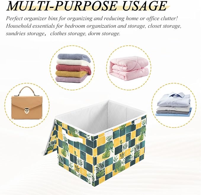 AIXIWAWA Lidded Storage Cube (Checkered Palm) Fabric Foldable Closet Bins with Flip Lid and Handles Organizer Basket Container 16.5 x 12.6 x 11.8 IN