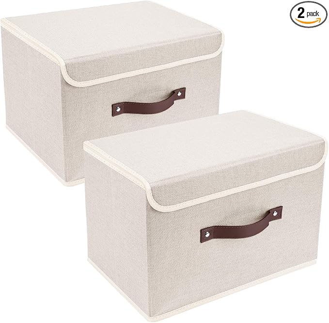TYEERS Collapsible Storage Boxes Washable Fabric Storage Bins with Lids 14.9x9.8x9.8 inches 2 Pack Beige