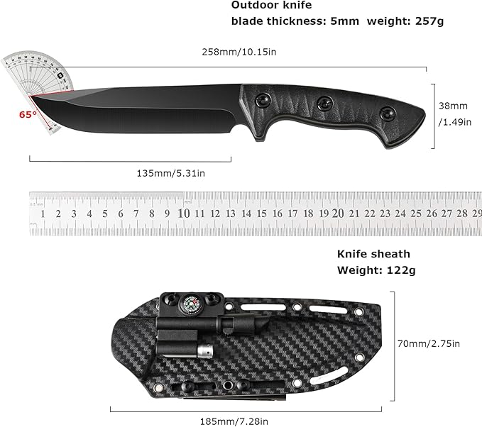 Survival Knife with Fire Starter and Kydex Sheath10.16 Full Tang Fixed Blade Hunting Knife with G10 Handle for BushcraftOutdoorHuntingFishingCamping