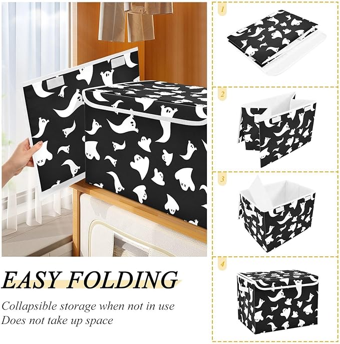 Halloween Ghost Lidded Home Storage Bins Closet Storage Bins Foldable Oxford Fabric Storage Box for Home Bedroom Closet Office (16.5x12.6x11.8 in)