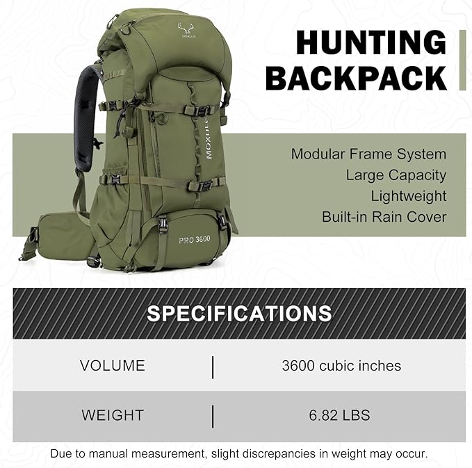 MOXULE Pro 3600 Frame Backpack - Meat Hauler Pack with Rain Cover for Outdoor - Lightweight Green