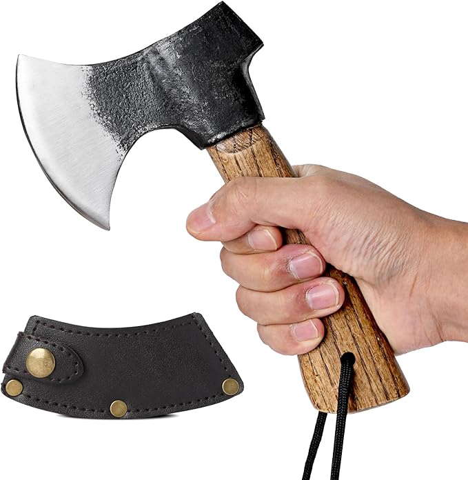 Small Camping Axe with Leather Sheath 8.46 Backpacking Hatchet with Wooden Handle Splitting Axe for Jungle Gardening Hunting Survival