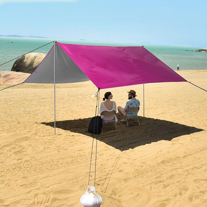 Rose Red Gradient Foldable Beach Cabana UPF50 Lightweight Large Sun Shelter with Sandbags Sand Shovel Poles for Camping Picnics Backyard &amp Fishing