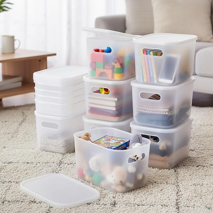 Thyle 12 Pack 7 Quarts Plastic Storage Bins Stackable Baskets with Lid and Handle with Label Colorful Desktop Box Toy Containers for Classroom Shelf Bedroom 10 x 7 x 6 Inch (Translucent)