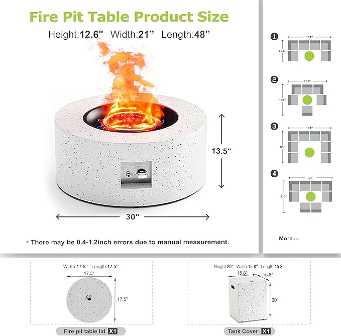 2-Piece 30 Round Propane Fire Pit for Outside Patio with Hidden Tank Table 50000 BTU Fireplaces with Lid Glass Rocks Cover(Speckled White)