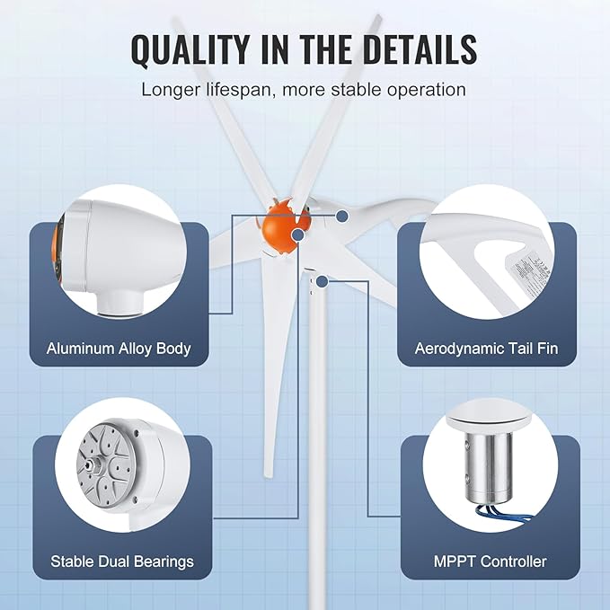 VEVOR 500W Wind Turbine Generator 12V Wind Turbine Kit 5-Blade Wind Power Generator with MPPT Controller Adjustable Windward Direction &amp 2.5m/s Start Wind Speed Suitable for Home Farm RVs B