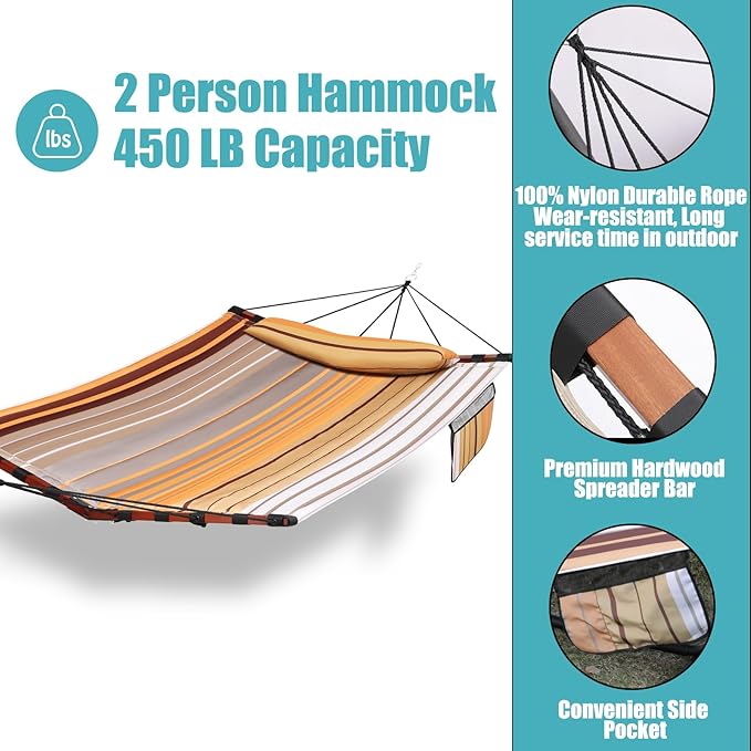 TegerDeger 12FT 2 Person Hammock Large Hammock 450LB Capacity with V Shaped Hardwood Spreader Bar &amp Nylon Rope for Outside Patio Garden Backyard Beach Poolside - Fall Yellow Stripes