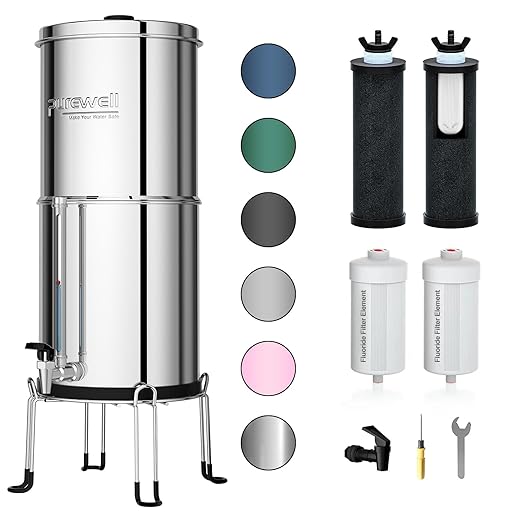 Purewell 8-Stage 0.01μm Ultra-Filtration Water Filter System 304 Stainless Steel Countertop System with 4 Filters Metal Water Level Spigot and Stand Reduce Fluoride and Chlorine 2.25G PW-OB-CF