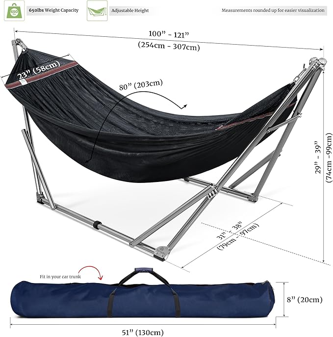 Tranquillo Adjustable Hammock Stand Collapsible Camping Hammock and Stand 650 lbs Capacity Deluxe Double Hammock Stand for 2 Persons Portable Everywhere Easy Assembly Non-Slip and Noise-Free Black