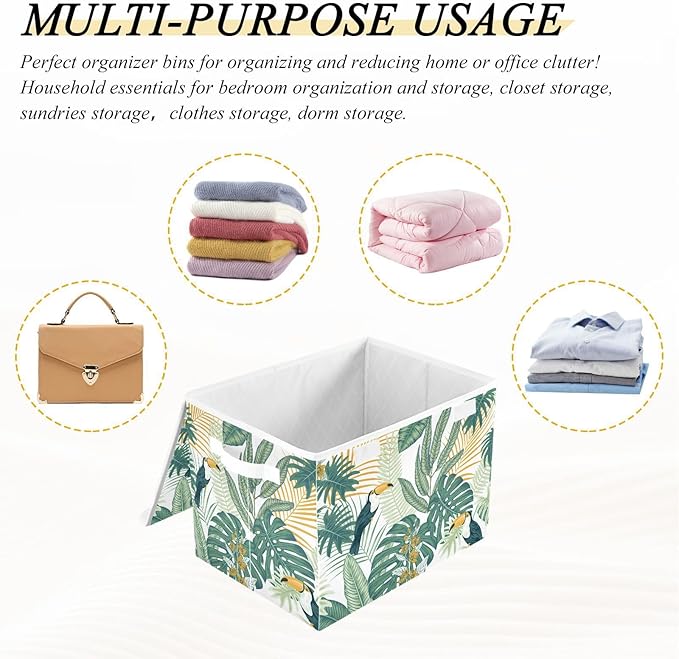 susiyo Large Foldable Storage Bin with Flip-Top Lid Modern Bird Leave Storage Box Collapsible Closet Organizer Containers Boxes Decorative Baskets with Handles for Home Bedroom Living Room Office
