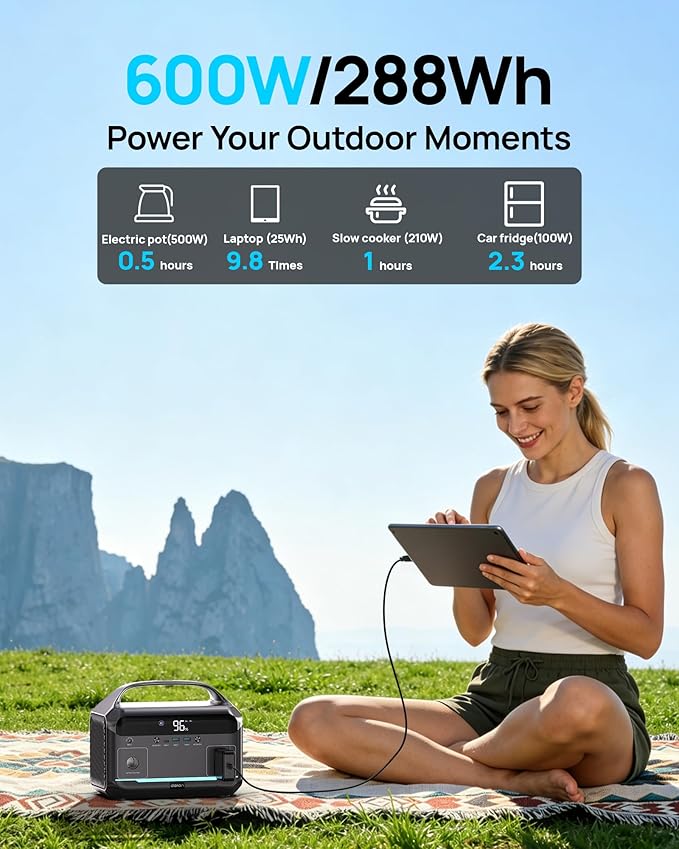 Portable Power Station 600W 288Wh LiFePO4 Battery Solar Generator Power Bank with AC Outlet 110V/ 1200W Surge PD 100W Output Fast Charging for Outdoors Camping Home Emergency Hunting Blackout