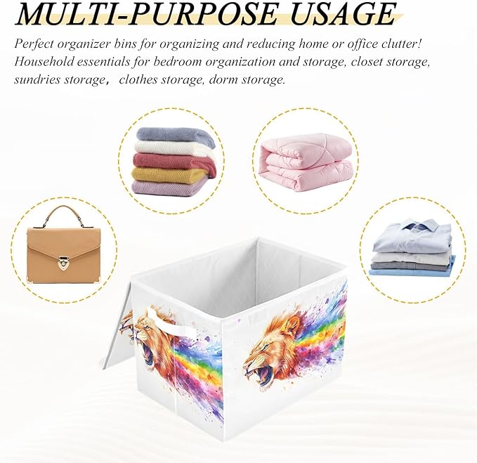 AIXIWAWA Lidded Storage Cube (Lion and Rainbow) Fabric Foldable Closet Bins with Flip Lid and Handles Organizer Basket Container 16.5 x 12.6 x 11.8 IN