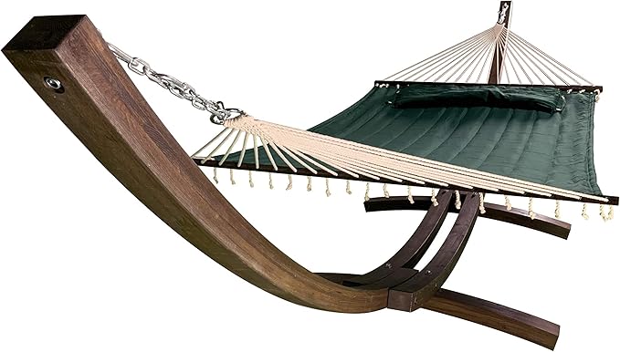 14 Ft. Wooden Arc Hammock Stand + Deluxe Quilted Double Padded Hammock Bed w/Pillow. 2 Person Bed. 450 LB Capacity(Coffee Stain/Elegant Hunter Green)