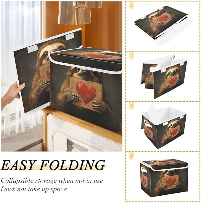 AIXIWAWA Lidded Storage Cube (Sloth with Heart) Fabric Foldable Closet Bins with Flip Lid and Handles Organizer Basket Container 16.5 x 12.6 x 11.8 IN