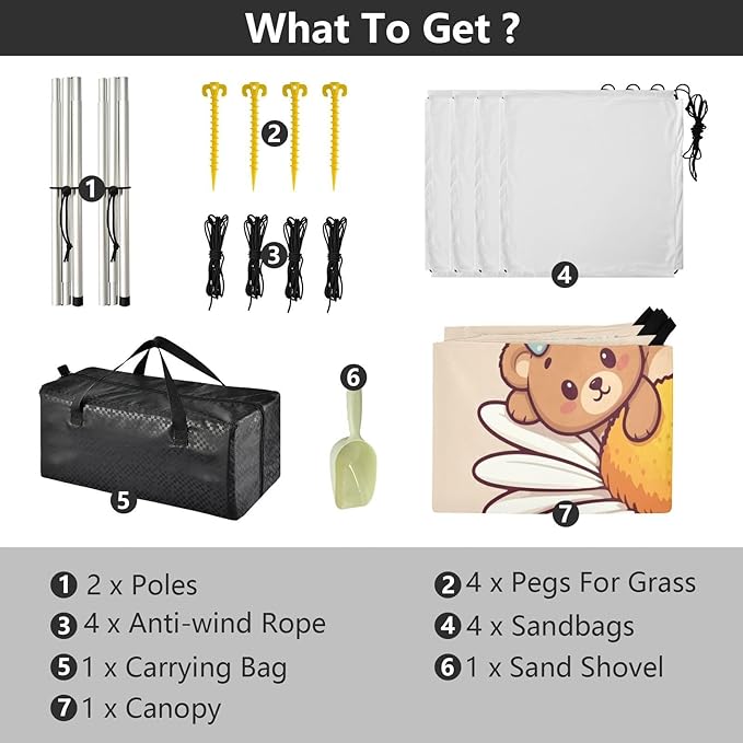 Cute Bears on Daisy Beach Tent Sun Shelter Set UPF50+ UV Protection 10.5 x 9.19 FT Camping Shade Canopy with Sandbags Sand Anchors Carrying Bag and Others
