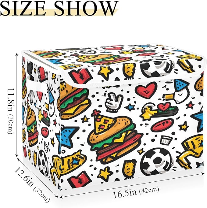 Storage Bins With Lid Stackable Fabric Closet Organizer Clothing Storage Large Boxes For Closet Shelves Bedroom Burger Soccer Heart Eagle Cartoon
