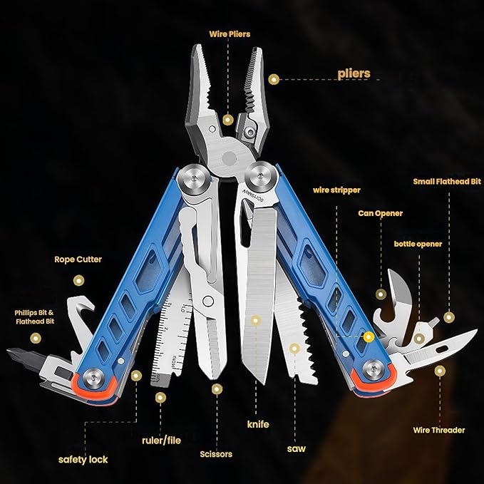 Multitool 15-in-1 Full-Size Lightweight EDC Multi-Purpose Pliers Multitools Camping Knives &amp Tools Tactical Outdoor Gear Mens Gifts Ideas Gifts for Hunters Men who have Everything (Gray)