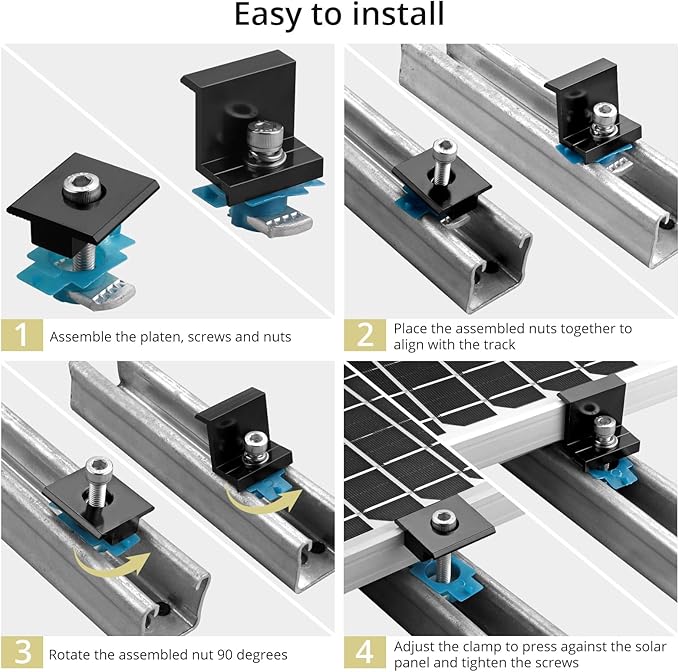 Anbte 10 PCS Solar Panel Mounting Brackets for Unistrut Aluminium 35mm 6 x T-Shaped Mid Clamps + 4 x End Clamps Solar Panel Mounting Kit for Metal Tin Flat Sheet Roofs RV Black