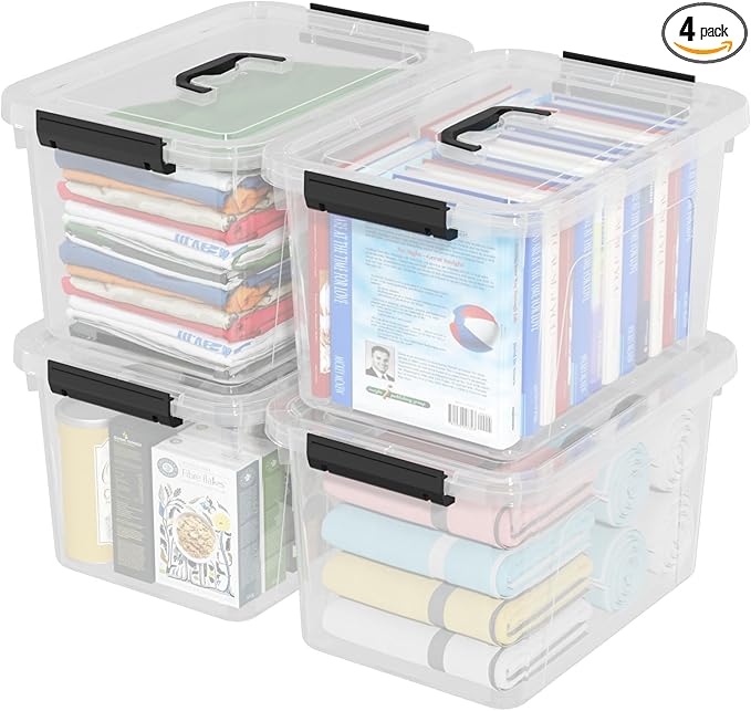 4 Packs 18 Quart Clear Plastic Storage Latching Bins Clear Storage Boxes with Handles