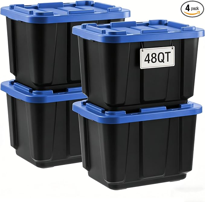 4 Pack 48QT Heavy Duty Plastic Storage Bins with Latching Lids Stackable Containers with Reinforced Handles for Garage Home Basement &amp Shed Organization