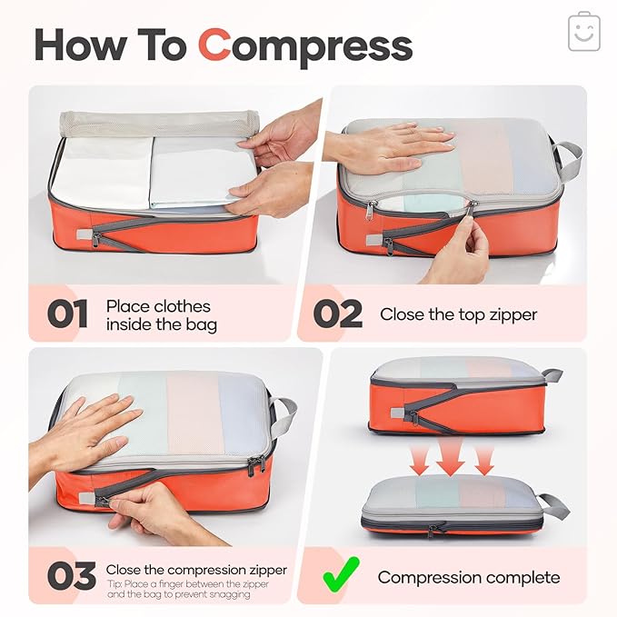 Veken 9/11 Set Compression Packing Cubes for Travel EssentialsCompressible Expandable Large Luggage Suitcase Organizer Bags for ClothingDurable Space Saver Storage Bags with Toiletry Bags(Orange)