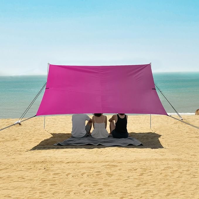 Rose Red Gradient Foldable Beach Cabana UPF50 Lightweight Large Sun Shelter with Sandbags Sand Shovel Poles for Camping Picnics Backyard &amp Fishing