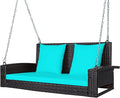 Tangkula 2-Person Wicker Hanging Porch Swing Patiojoy Outdoor Rattan Swing Bench W/ 2 Back Cushions &amp 1 Seat Cushion Sturdy Steel Chain 800lbs Weight Capacity Suitable for Deck Backyard Gard