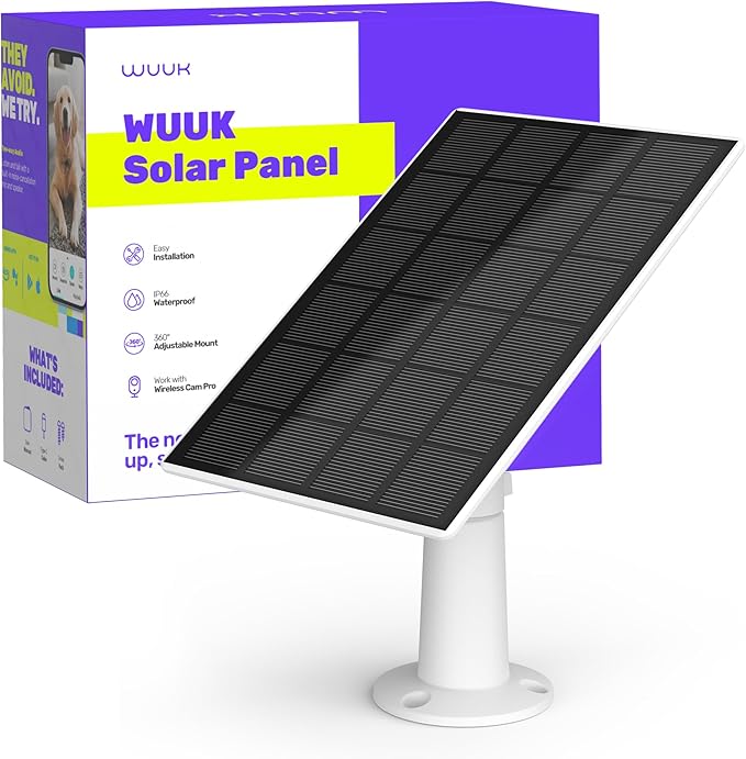 Certificated Solar Panel Compatible with WUUK Rechargeable Outdoor Camera Continuous Power Supply 2.5W Solar Panel for Home Security Camera IP66 Weatherproof 360° Adjustable Mount