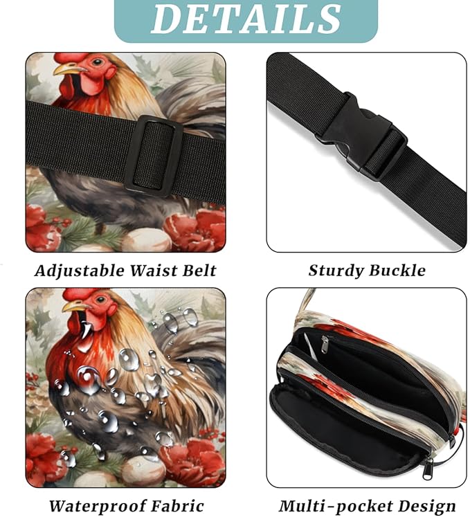 Watercolour Berry Flower Rooster Waterproof Fanny Pack for Women Men Adjustable Waist Bag with Double Zipper Pockets Lightweight Square Hip Pack for Running Travel Hiking Workout Cycling
