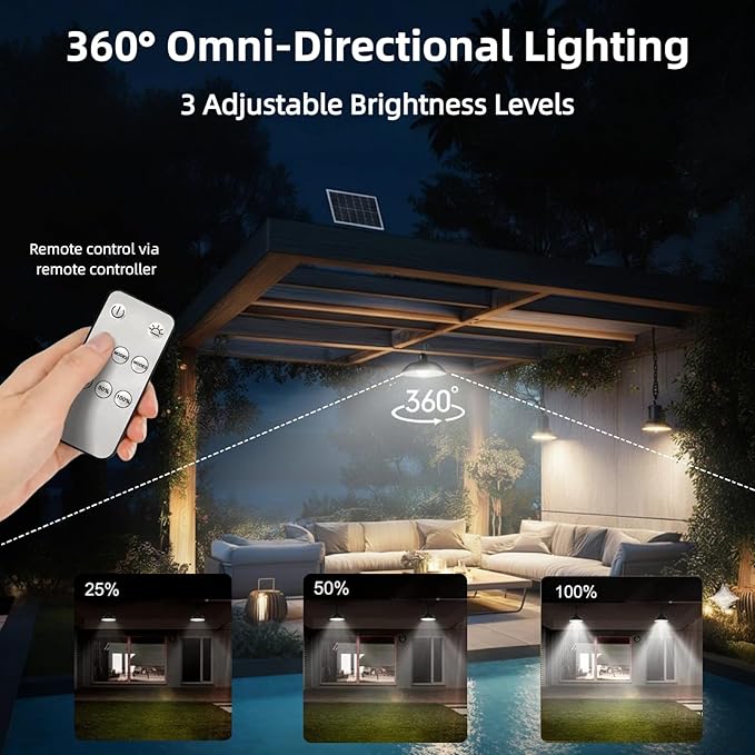 Solar Shed Lights 1-to-2 Solar Pendant Lights Outdoor Hanging Lights with Remote &amp Dusk to Dawn Waterproof for Shed Barn Gazebo Garage